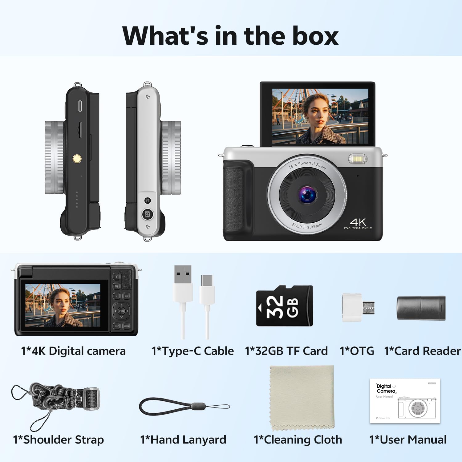 Cámara digital para fotografía, cámaras de vlogging 4K de 75 MP, zoom de 16 x cámara de enfoque automático con pantalla abatible de 3 pulgadas de 180°, cámaras digitales portátiles para principiantes