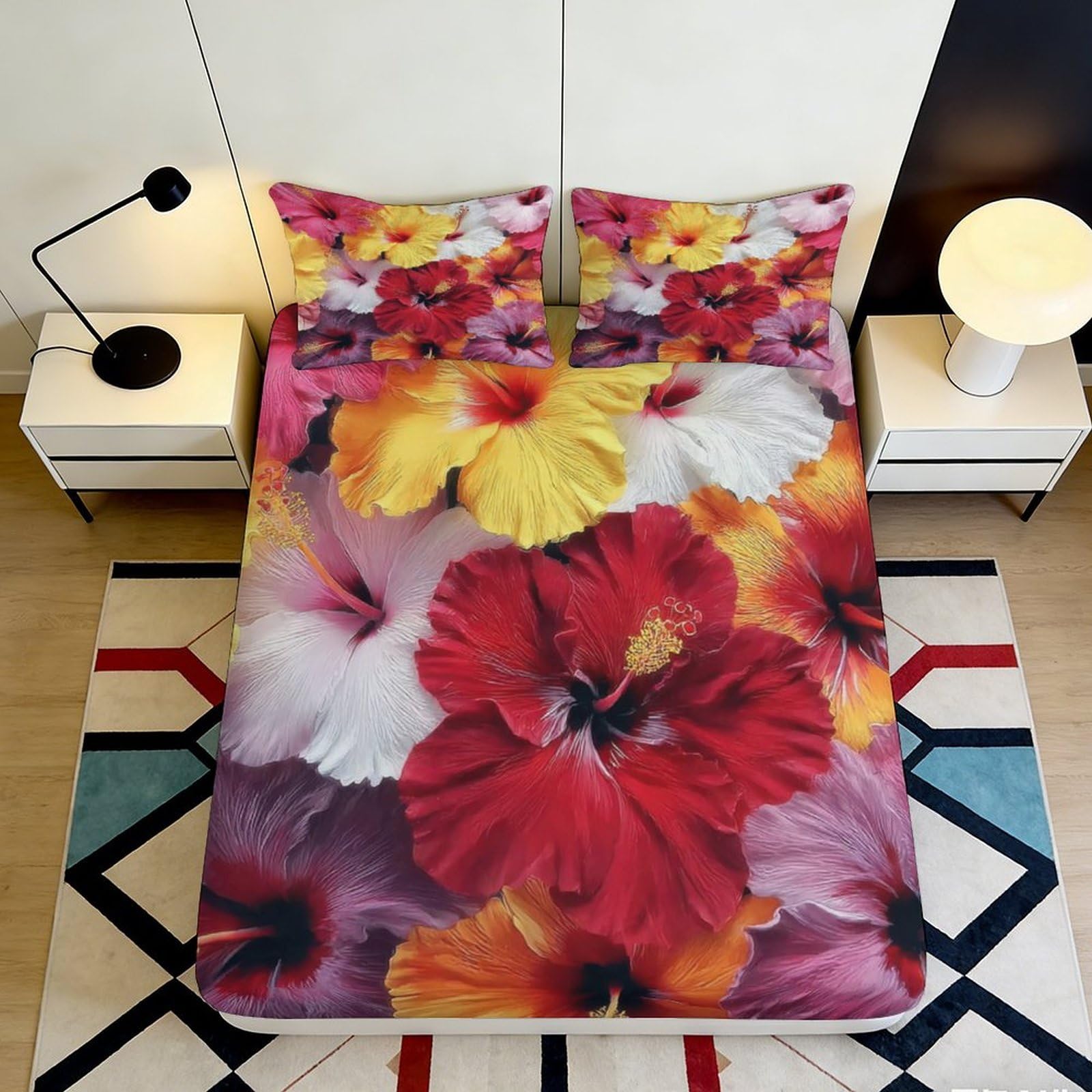 3D Printed vibrant floral Fitted Sheet, Microfiber soft touch, anti-slip, machine washable, guest room bedding, modern bedroom decor, dustproof, easy care, 115 90x200x25cm