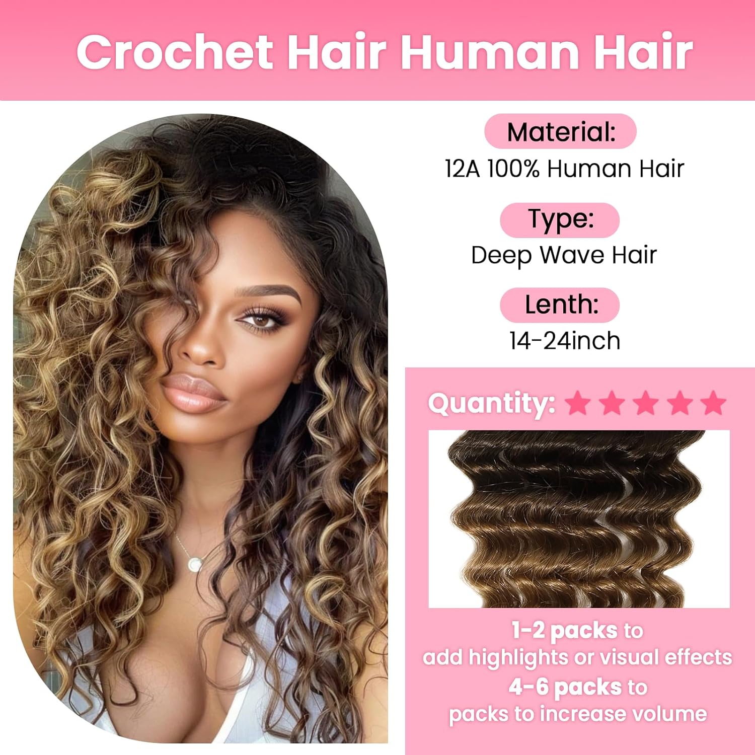 WOWANGEL Deep Wave Crochet Hair,Crochet Hair for Black Women,16 Inch 100% Human Hair Feather Crochet Braids Knotless Pre-Separated Extensions, (1BT27, 40g)
