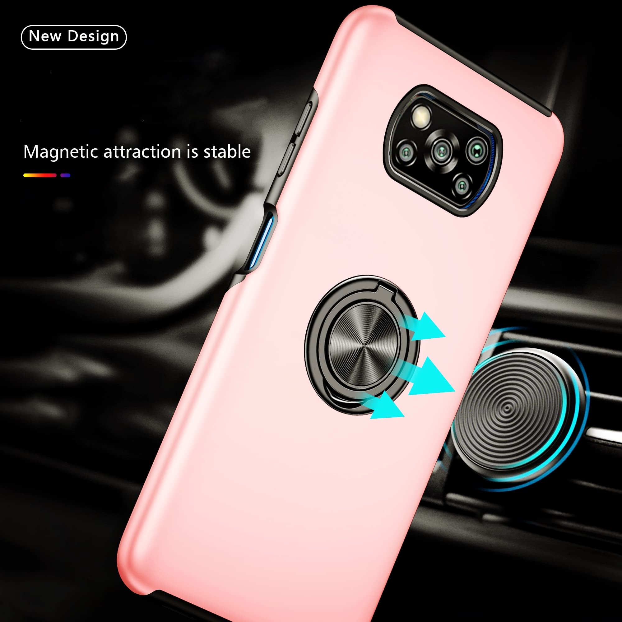 SORAKA Case for Xiaomi Poco X3 Pro with Invisible Ring Holder and Metal Plate for Magnetic Car Mount Rigid PC Cover Xiaomi Poco X3 NFC Case Military Grade Rugged Case Rose Gold