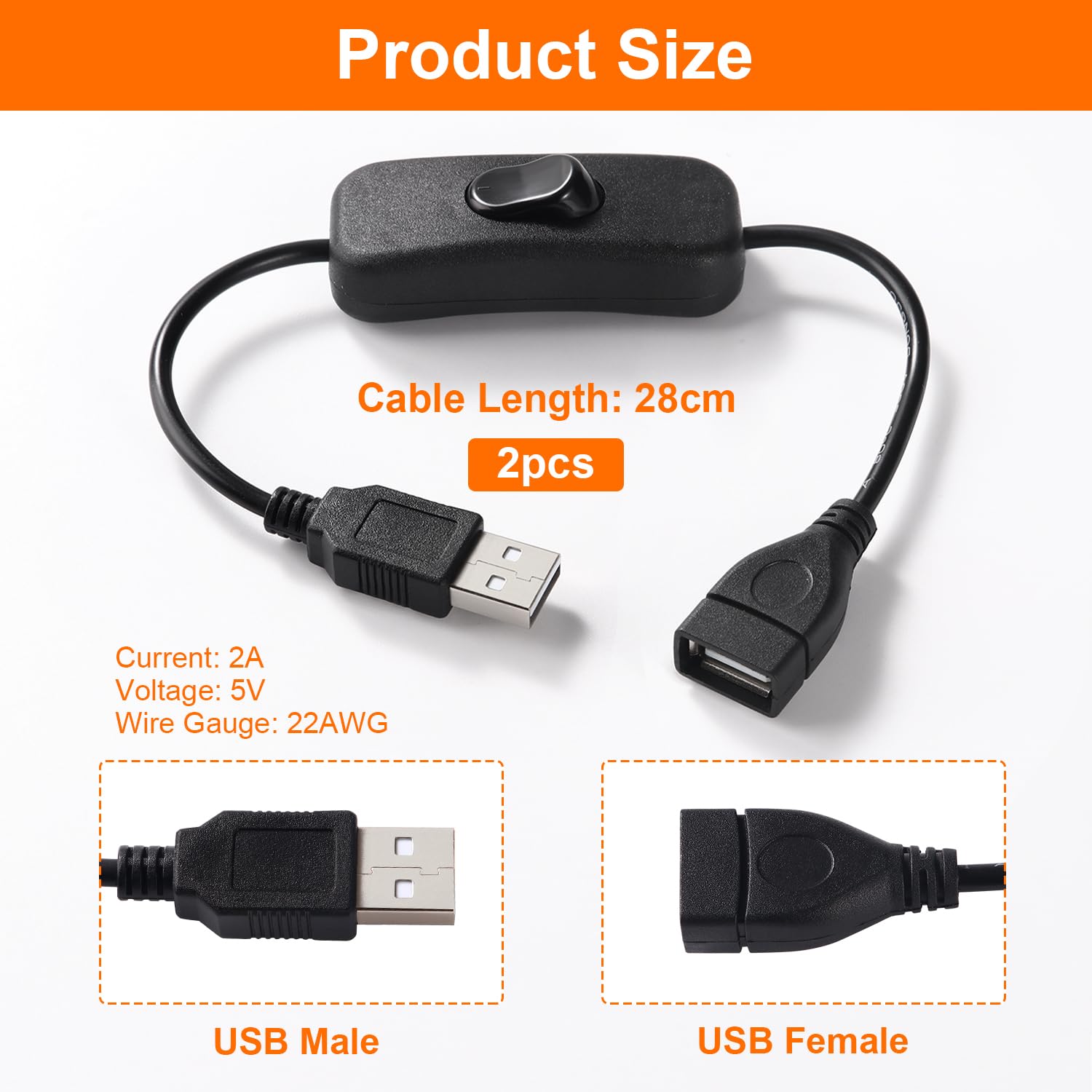 KUOQIY 2 PCS 0.28m USB Extension Cable with On/Off Switch, USB Switch Cable, Compatible with LED Desk Lamp LED Strip, Black - Image 2