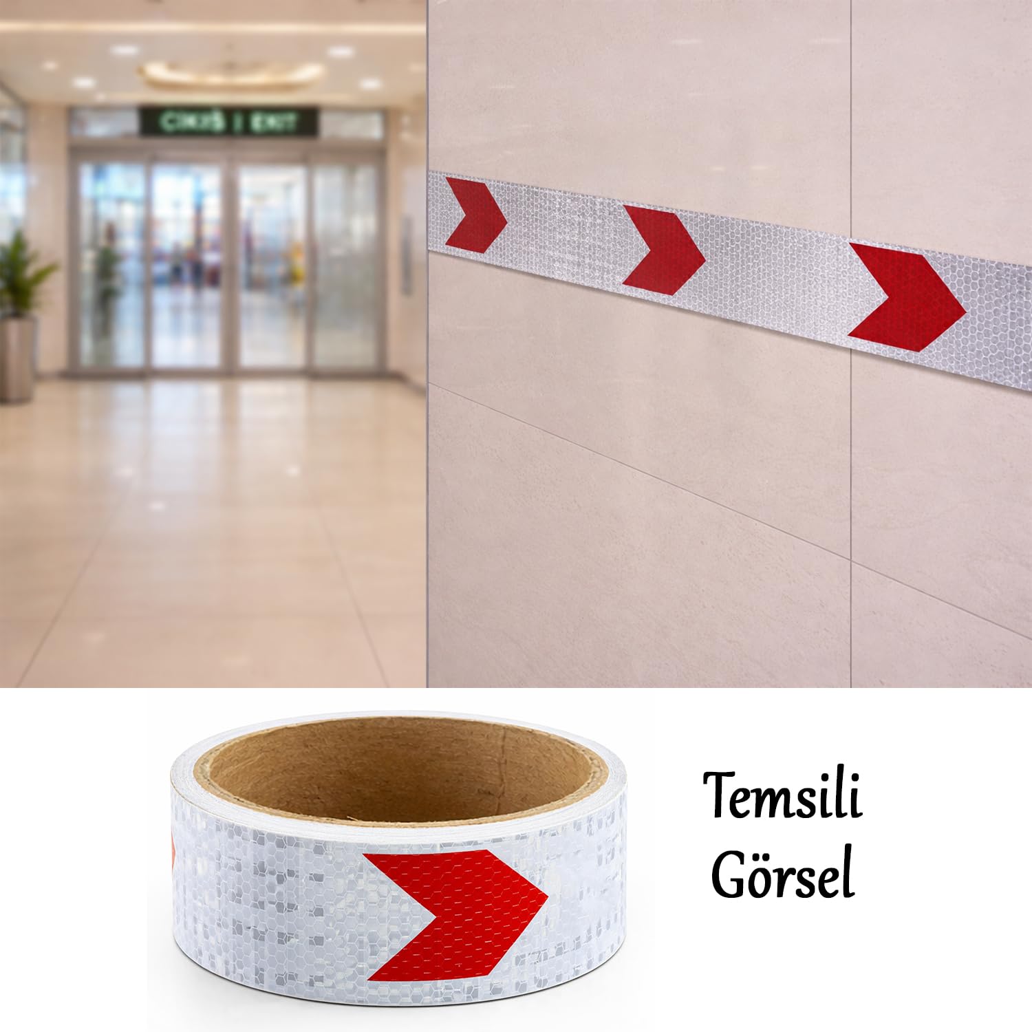 Yapışkanlı En 5 cm (1 Metre) Kırmızı Beyaz Petekli Ok Yönlendirme Reflektörlü Reflektif Şerit Bant