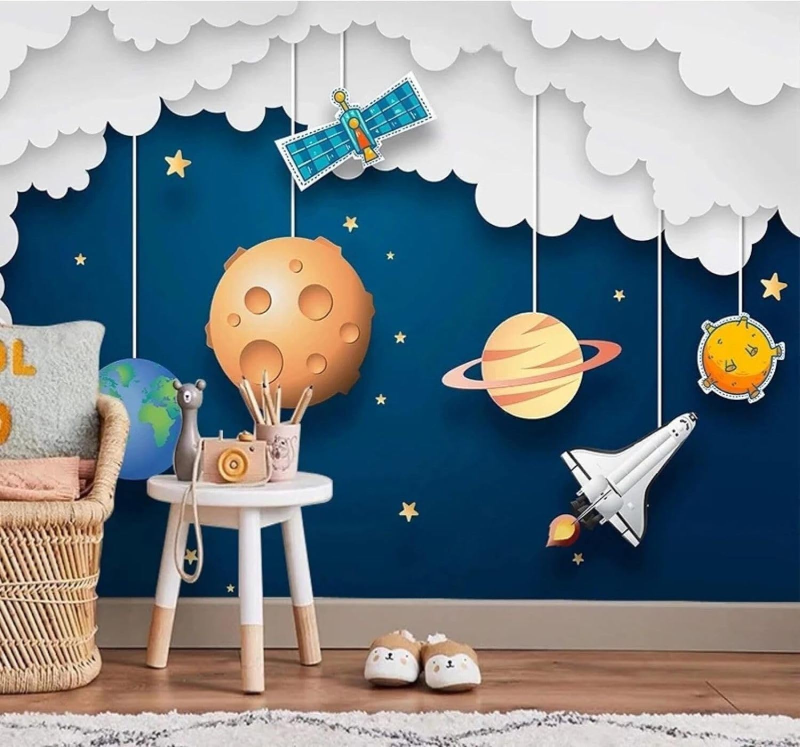 XLMING Cartoon Hand Drawn Universe Rocket Planet 3D Wallpaper Silky Texture Home Study Office Grey Dining Room Sofa Bedroom Living Room TV Backdrop-430cm×300cm