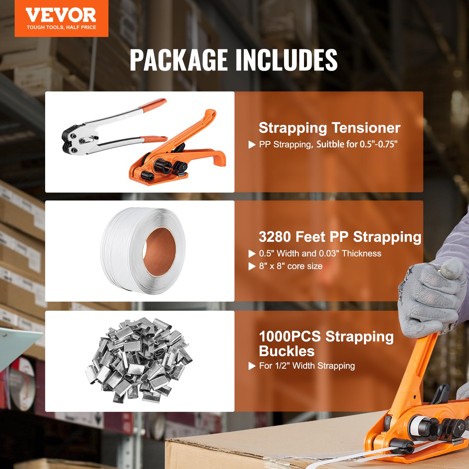 VEVOR Kit di reggiatura con tenditore, strumento sigillante, fascia in PP lunghezza 3280 piedi, 1000 sigilli metallici, kit di reggiatura per imballaggio per pallet