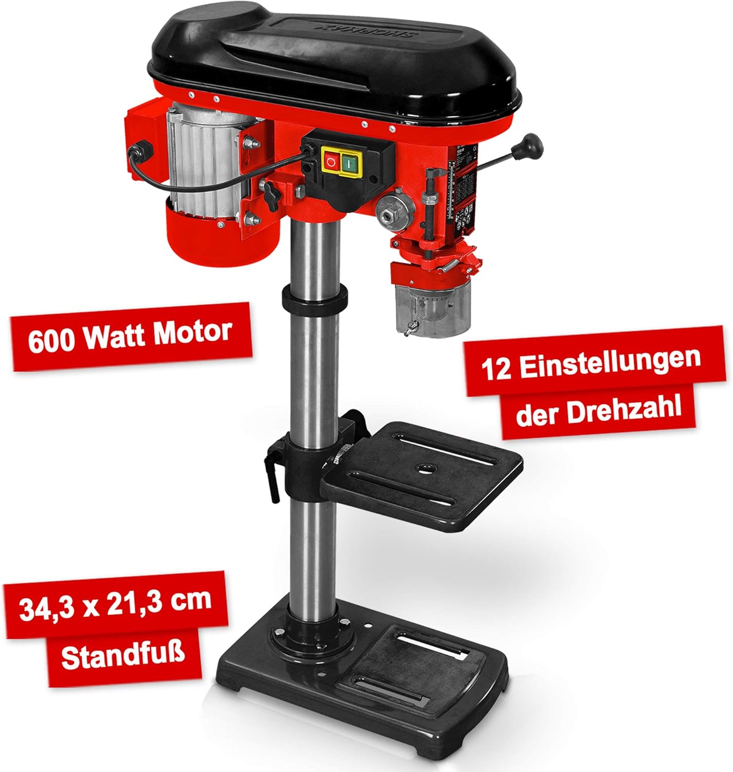 Hecht Pillar Drill features: 600 Watt Motor, 12 Speed Settings, 34.3 x 21.3 cm Base