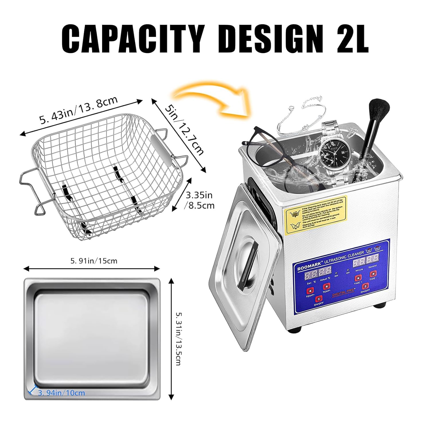 Cleaner Ultrasonic Machine, Household Ultrasonic Parts Cleaner, 2L Ring Cleaner Ultrasonic with Digital Display, Timer and Heater