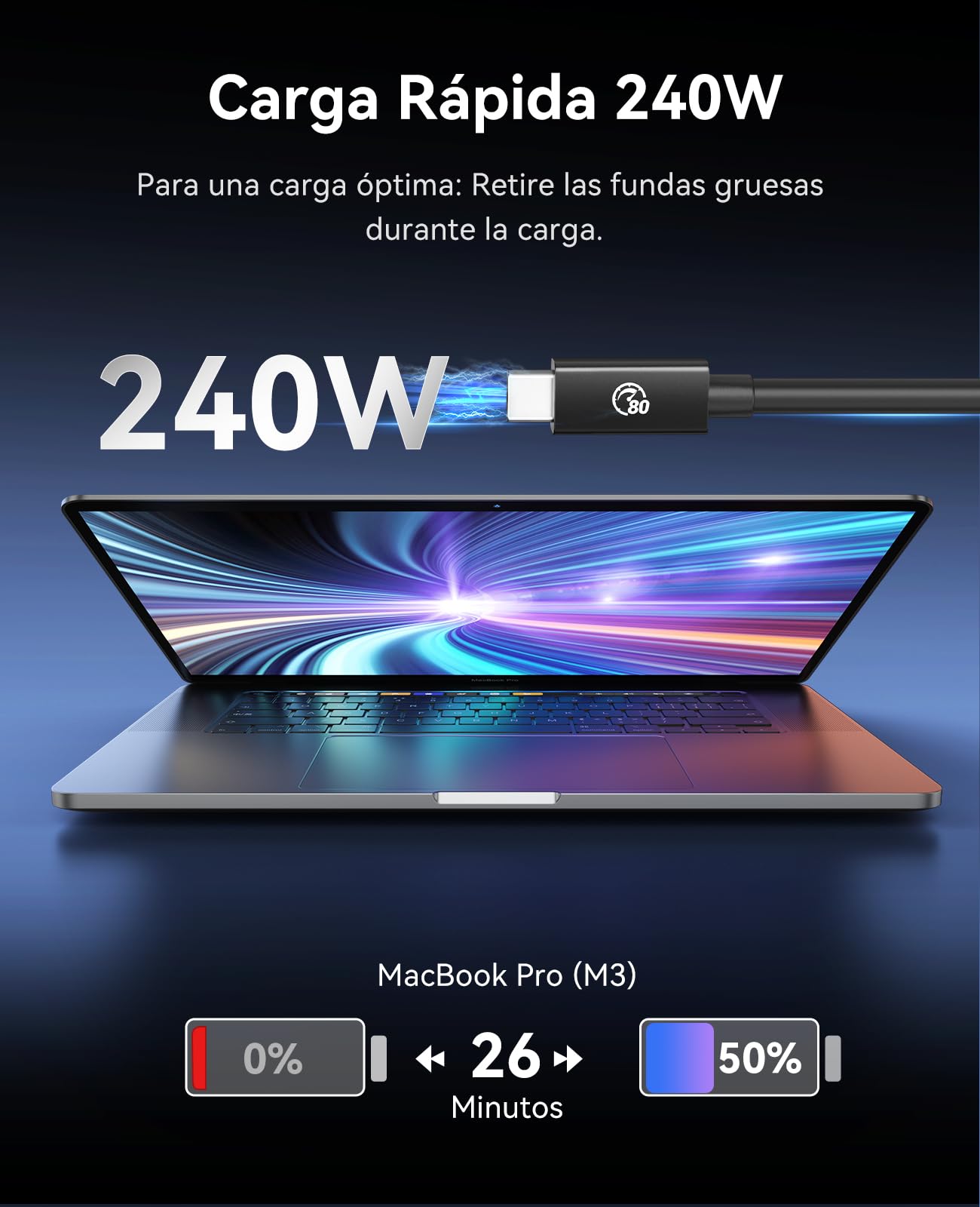 ORICO Cable Thunderbolt 5, 80Gbps Cable USB-C a USB-C, 240W de Potencia, hasta 120Gbps de ancho de banda, pantalla 8K, compatible con Thunderbolt 5/4/3, iPhone 16, MacBook