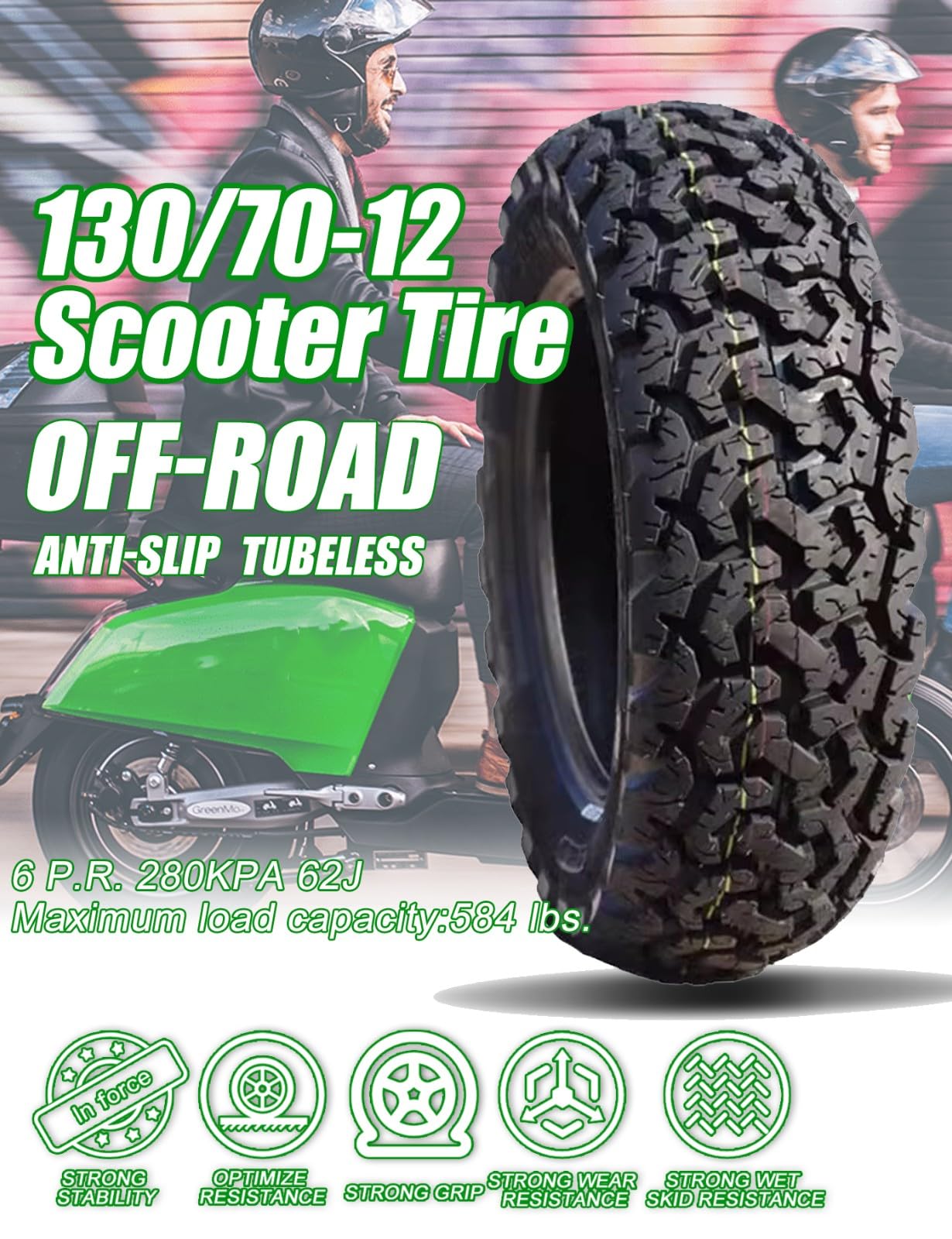 Opona 130/70-12 bezdętkowa do skutera, 62 J, przednia felga 12 cali, 280 kPa, nośność 260 kg, opona 130/70/12, offroad, odporna na zużycie, 130/70/12