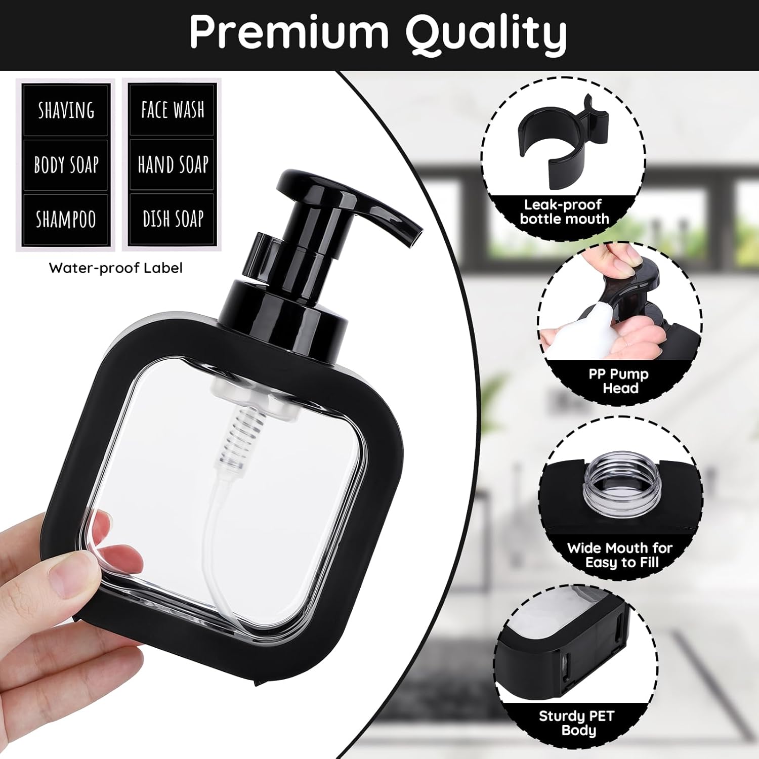 Segbeauty 10.1oz Black Foaming Soap Dispenser, 2pcs 300ml Square Refillable Dish Soap Foam Dispenser for Kitchen Cleaning, Empty Bathroom Shampoo Body Wash Foam Soap Pump Bottles with Pump Stickers - Image 2