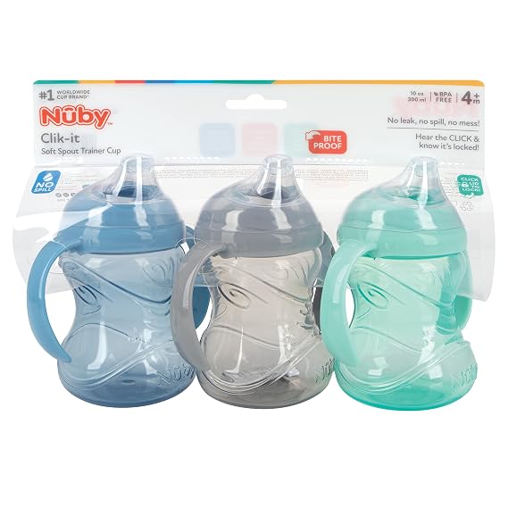 Nuby 3 Count No-Spill Grip N Sip Cup - 10 oz | Silicone Soft Flex Spout - 2 Handles - Clik It Lock Feature - Blue/Gray/Aqua