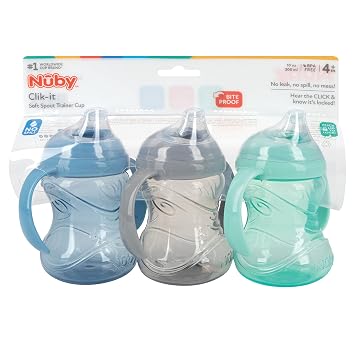 Nuby 3 Count No-Spill Grip N Sip Cup - 10 oz | Silicone Soft Flex Spout - 2 Handles - Clik It Lock Feature - Blue/Gray/Aqua