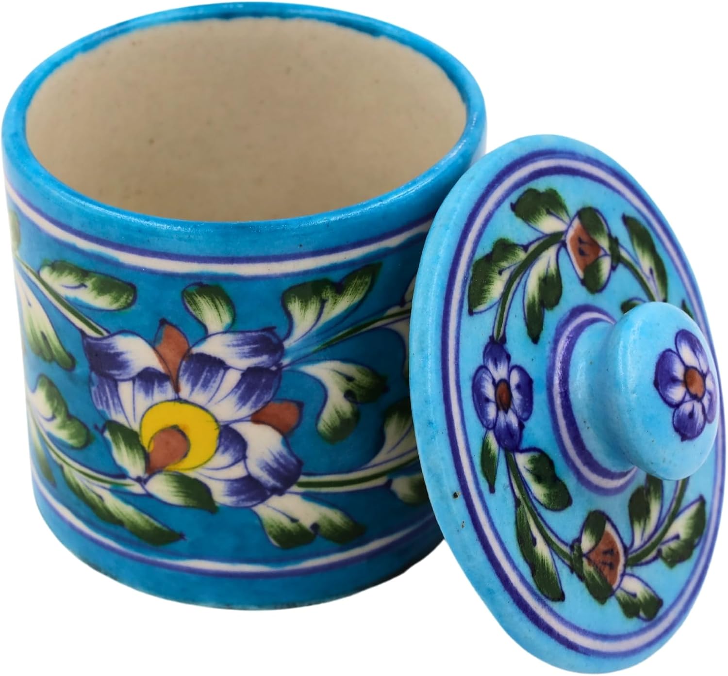 NATRIEL Rare Vintage Arts of India Blue Pottery Handmade Storage Jar with Lid, Handpainted Floral Design, Traditional Style, 3.74x3.74 Inch (Turquoise)