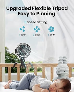 Gaiatop Mini Portable Stroller Fan, Small Clip on Fan 3 Speed Rechargeable | 360 Rotate Flexible Tripod, Battery Operated Detachable, Cooling for Car Seat Crib Treadmill Travel Black