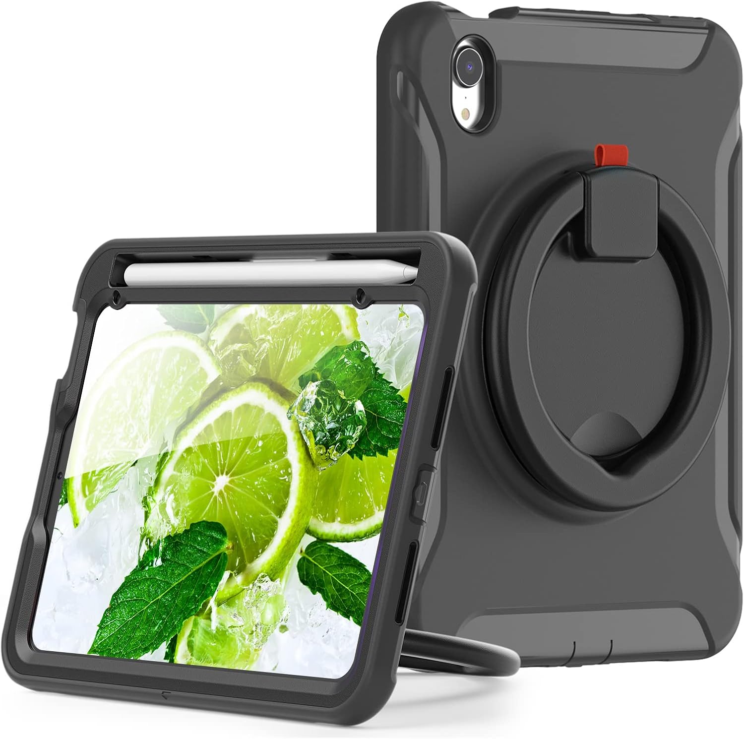ORIbox Defender Case for iPad Mini 6, Full Body Drop Protection, 3 in 1 Shockproof Bumper with 360° Ring Holder Kickstand, Defender Black