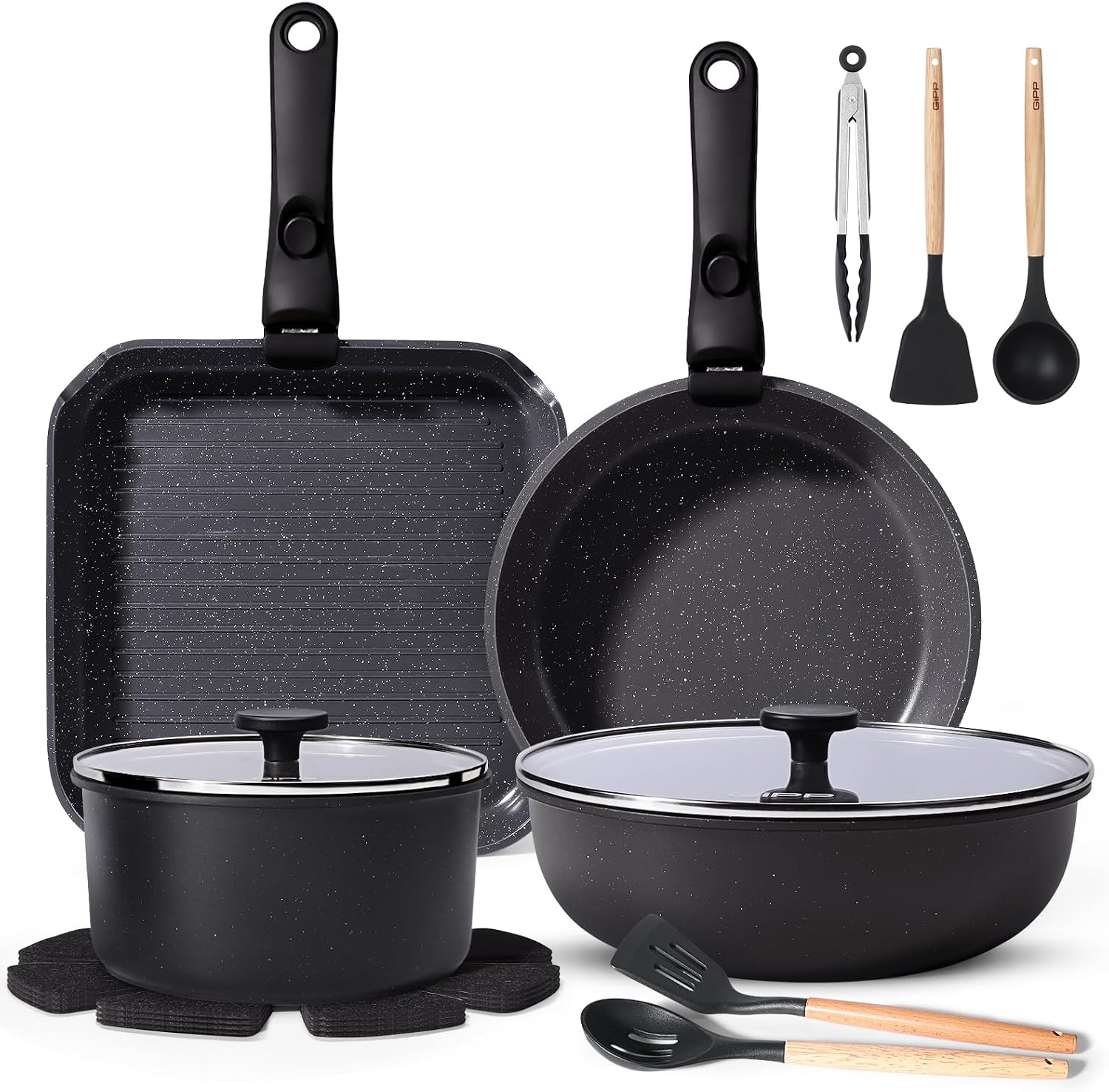 GIPP Pots and Pans Set Cookware Set with Detachable Handles pots and pans | Non Stick, Non Toxic, PFOA & PTFE Free, Dishwasher＆Oven Safe, All Stoves are Compatible, 18PCS, Grey