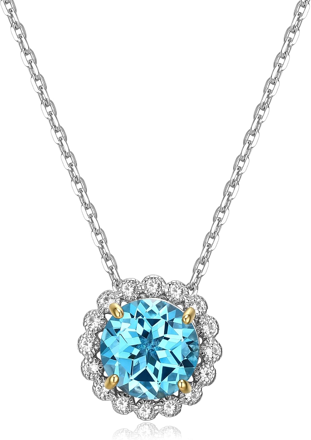 MORGAN & PAIGE .925 Sterling Silver Rhodium Plated Lab Created or Genuine Gemstone with White Sapphire Halo Pendant Necklaces for Women - Sterling Silver Necklace for Women, Jewelry Gifts for Her, 18"