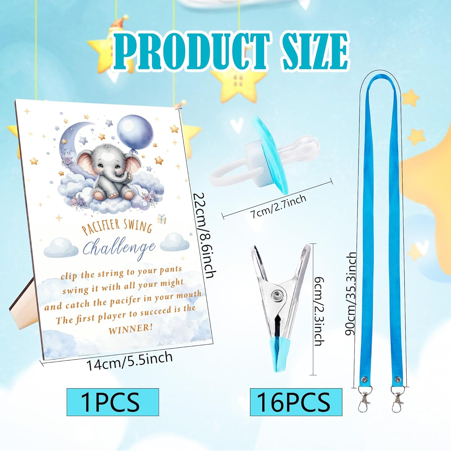 49 Pcs Swing Pacifier Baby Shower Gender Revealing Game Including 1 Wooden Sign and 16 Pacifiers and 16 Magnetic Flat Mouth Clips and 16 Double Hook Ropes for Adult Bridal Shower Wedding Party Favors