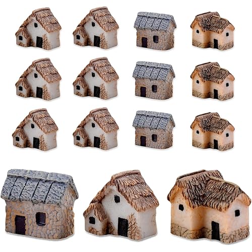 12pcs Mini House Village Resin Miniature Houses Small Figurine Buildings for Crafts Fairy Backyard Decoration Little Wooden Homes Casas to Live In for Planting Bonsai Succulent Outdoor Ornament