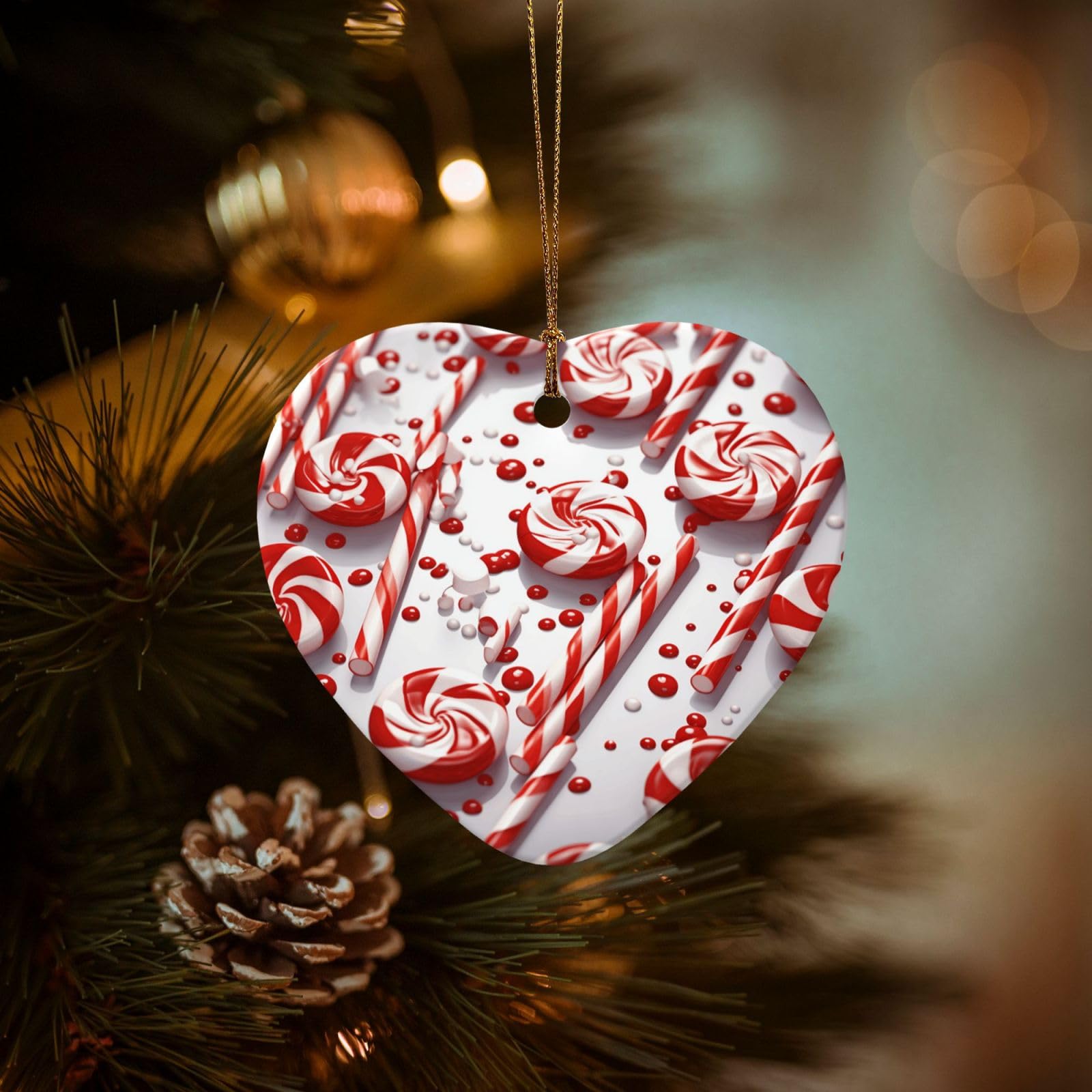 Christmas Ornaments for Christmas Tree Decoration Hanging Candy Cane Ornament with Gold Ribbon Crafts Heart Shape Ceramic Pendant for Keepsake Gifts Xmas Decor Party Supplies