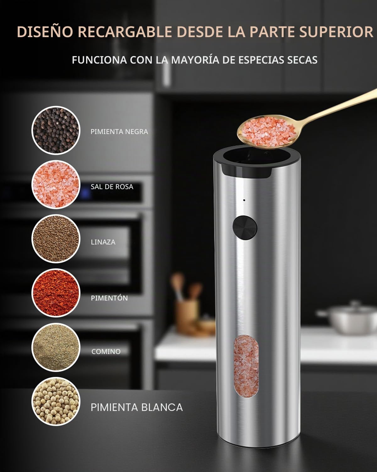 CIRCLE JOY Juego de Molinillos de Sal y Pimienta Recargables con Base de Carga, Grosor Ajustable, Capacidad de 110ml y Luz LED Blanca, Plata