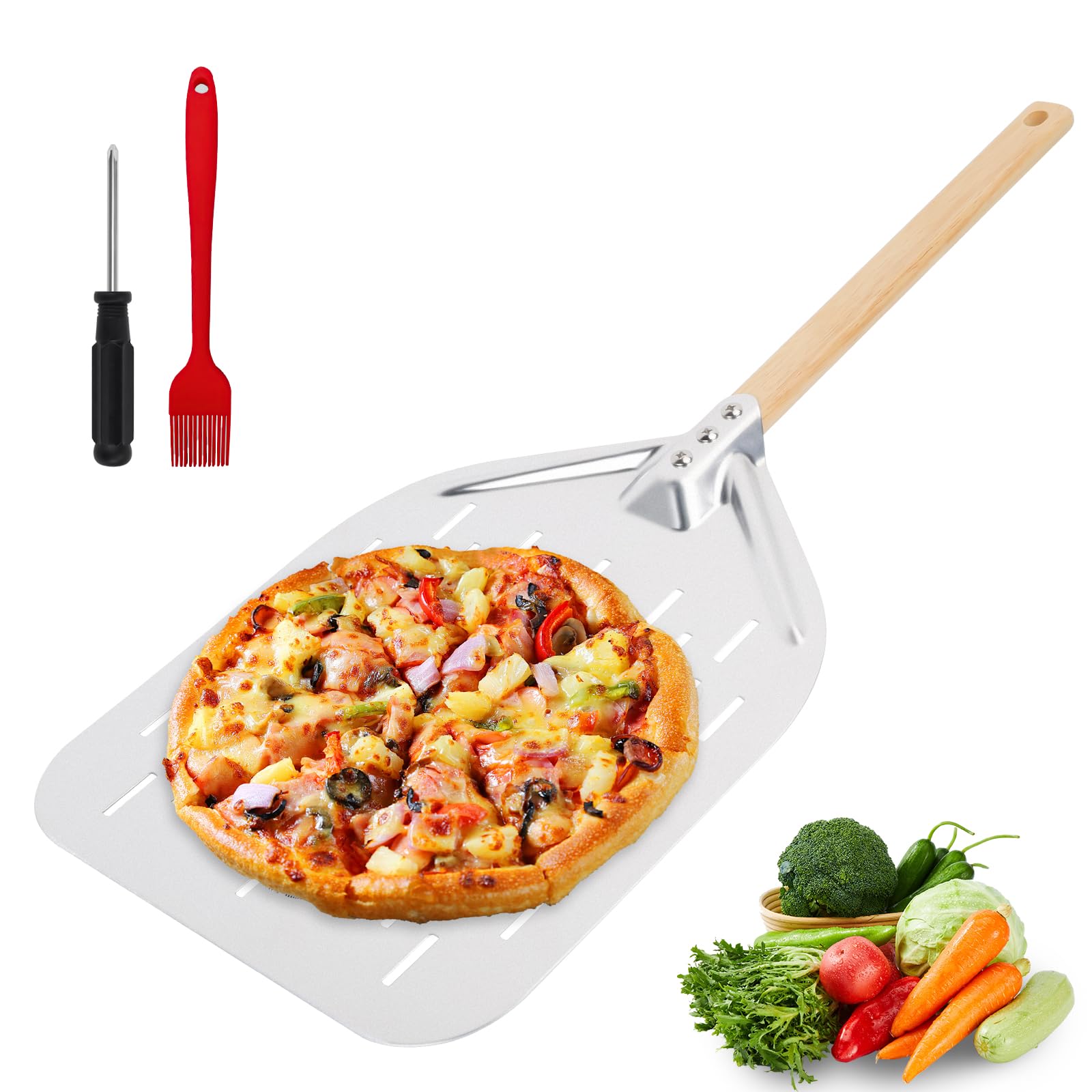 Pelle à Pizza en Aluminium 40 x 30 cm, Planche à Pizza avec Pinceau à Huile, Manche en Bois Amovible 38 cm, Pelle à Pizza en Métal Robuste pour Pâtisseries, Pâte, Pain, Gâteau