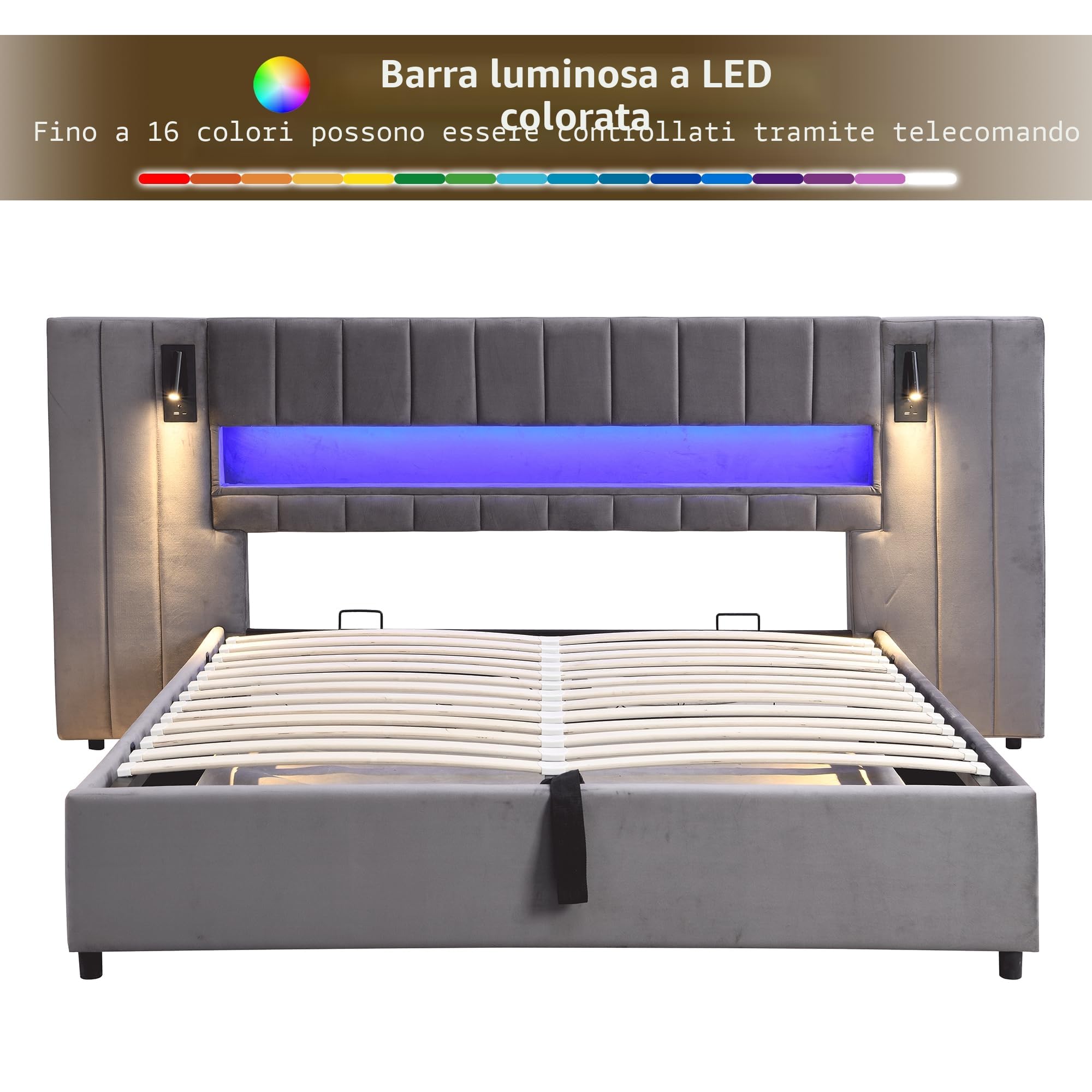 Lcoho Telaio da letto, con porta USB, letto imbottito, letto matrimoniale, letto funzionale, con illuminazione a LED, con lampada da comodino, con spazio di archiviazione, senza materasso, velluto