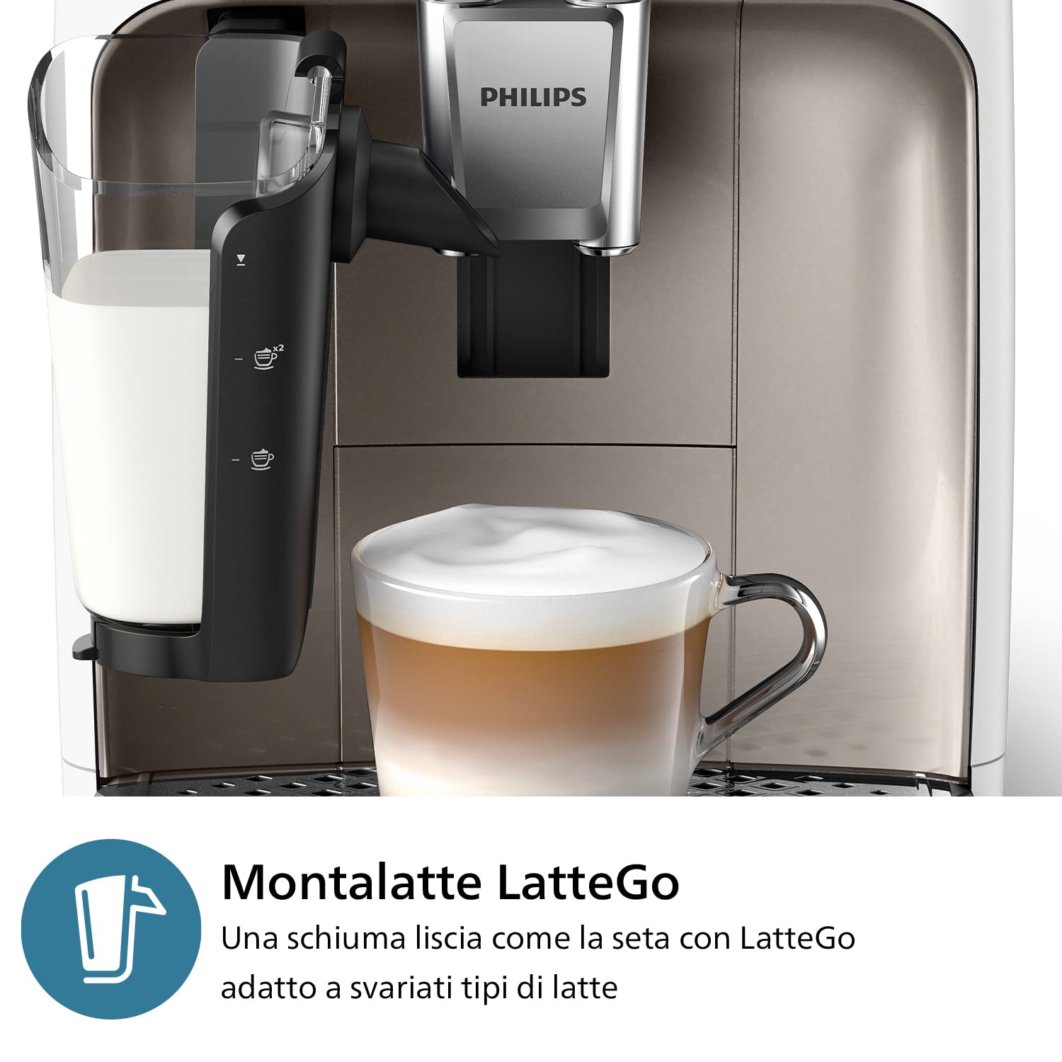 PHILIPS Macchina da caffè espresso automatica Serie 2300-4 bevande, Display touch screen a colori, Sistema LatteGo, SilentBrew, Macinacaffè in ceramica, Filtro AquaClean. Bianco cromo (EP2333/40)