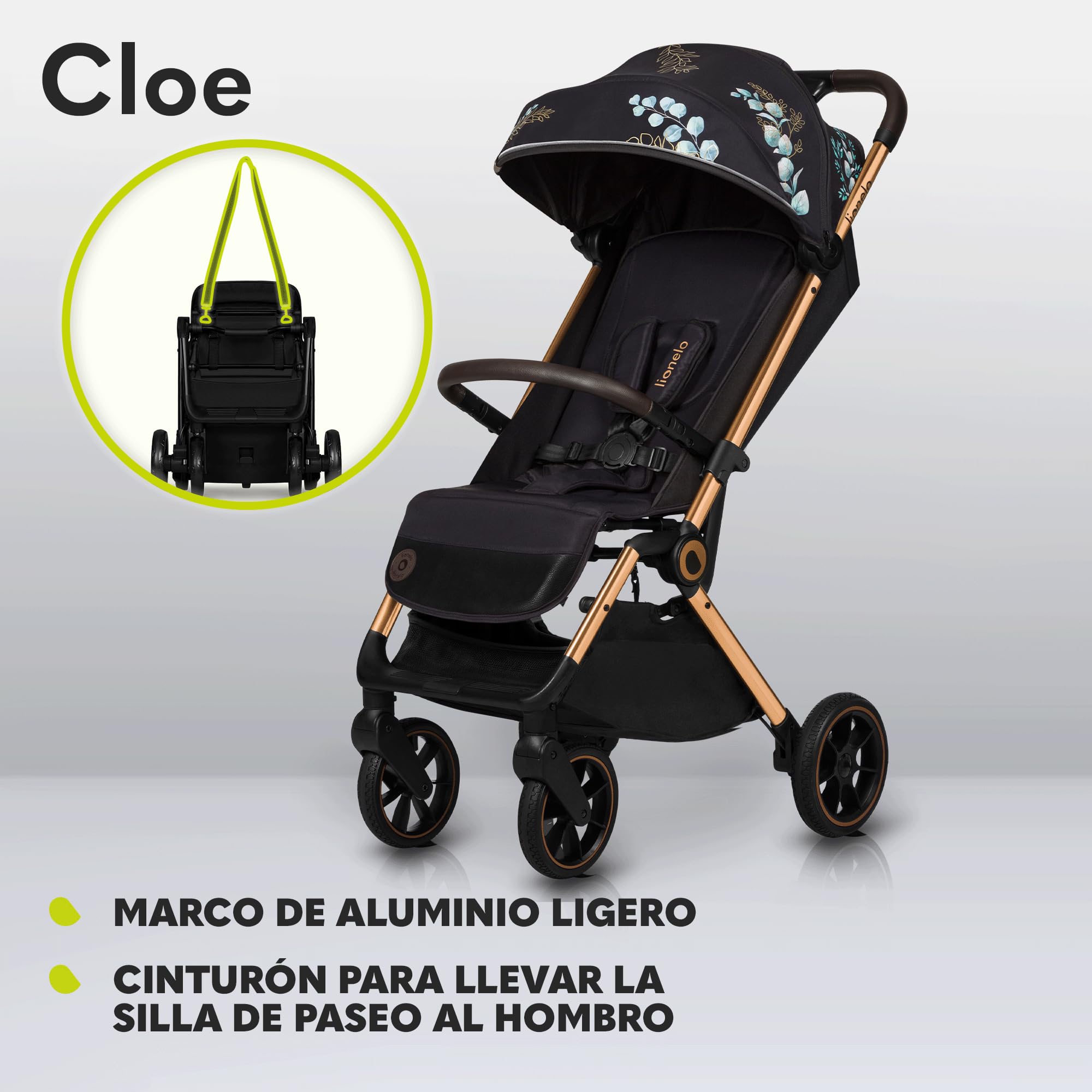LIONELO Cloe Cochecito Plegable hasta 22 kg, Respaldo Ajustable Función Dormir, Arnés de 5 Puntos Ruedas Portavasos Ligero Compacto Impermeable, sillita, silla paseo ligera (golden moments) | Plegado compacto, arnés de 5 puntos, respaldo ajustable, ruedas
