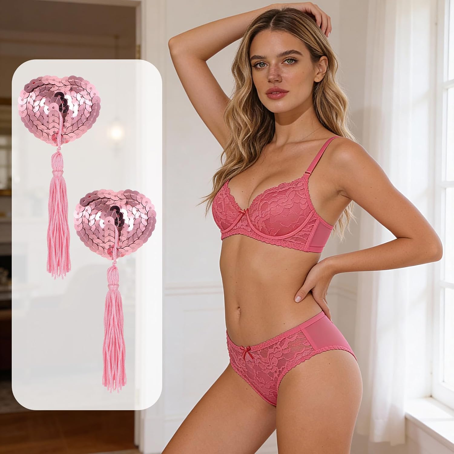 2 Pairs Nipple Tassels Women,Pasties Nipple Covers Sexy Booby Tassels,Boobie Tassel Reusable Heart Shape Lace Pasties with Strong Adhesive in Red and Pink Colors
