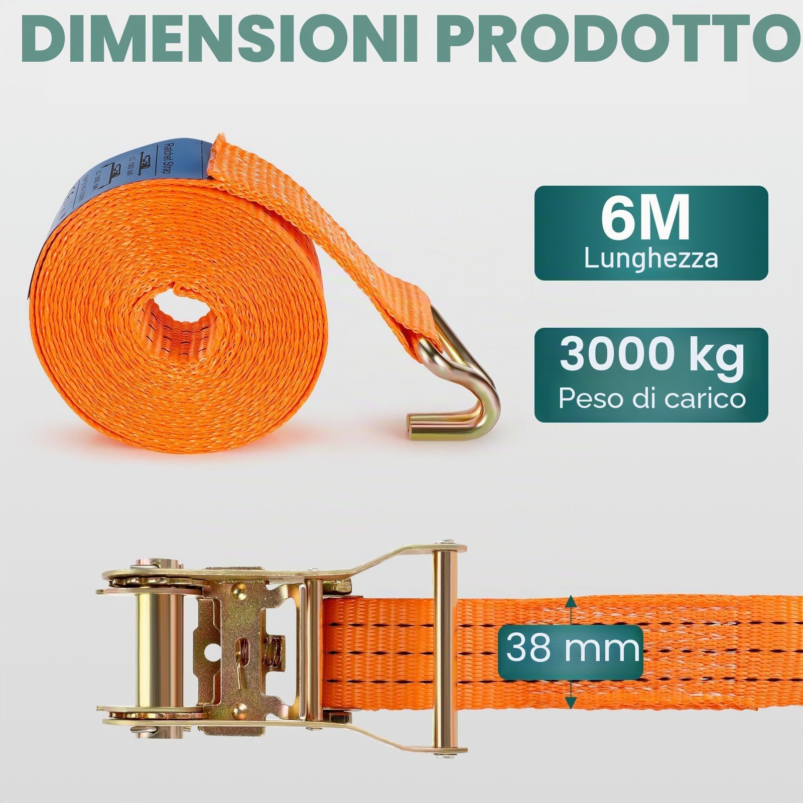 Zikenis 4 Pezzi Cinghie a Cricchetto, 4x2000KG Cinghia a Cricchetto, 6 m x 3.8 cm Cinghie di Fissaggio con Cricchetto e Gancio, Capacità di Carico 2000 KG, Cinghia Resistenti per Carichi Solidi