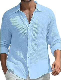Camisa para hombre, camisa de negocios, camisa de verano, monocolor, camisa de playa con botones, camisa de algodón y lino, manga larga, verano, informal, corte regular, camisa de gofre