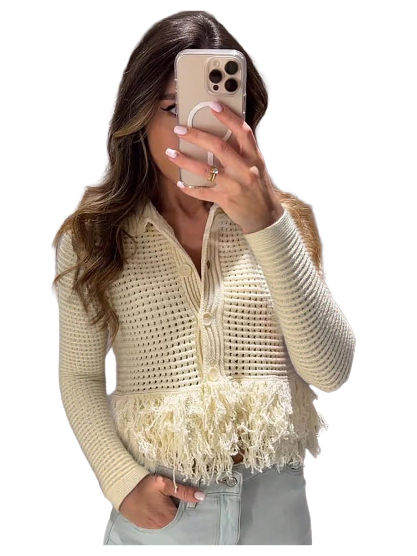 SweatyRocks Womens Crochet Lightweight Cardigan Boho Tassel Fringe Cardigan Button Down Sweaters