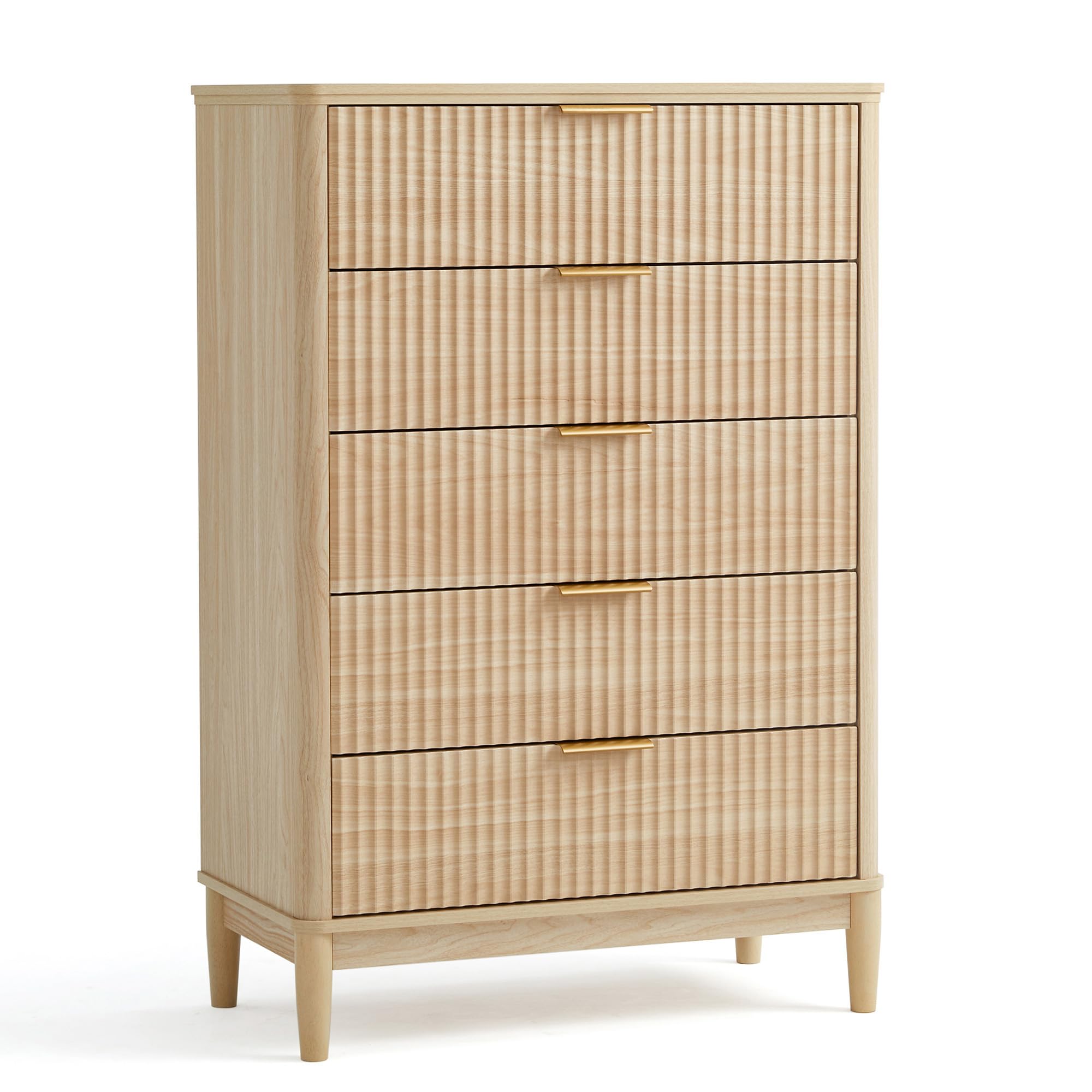 LINSY HOME Fluted 5 Drawers Dresser Oak Mid Century