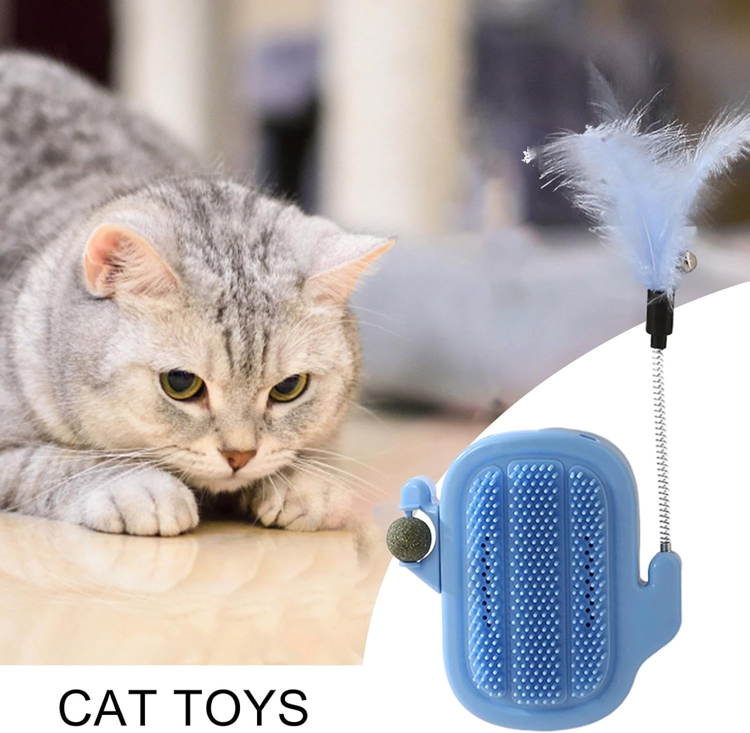 Filvczt Catnip Toys, Teaser Stick Catnip Ball, Cat Grooming Brush Toy, With Interactive Teaser Stick, Grooming Brush & Massager 32x13.8cm, Green/Cream/Blue, For Cat Cleaning, Massage And Shedding 9 71Dxqgiv PL. AC SL1500