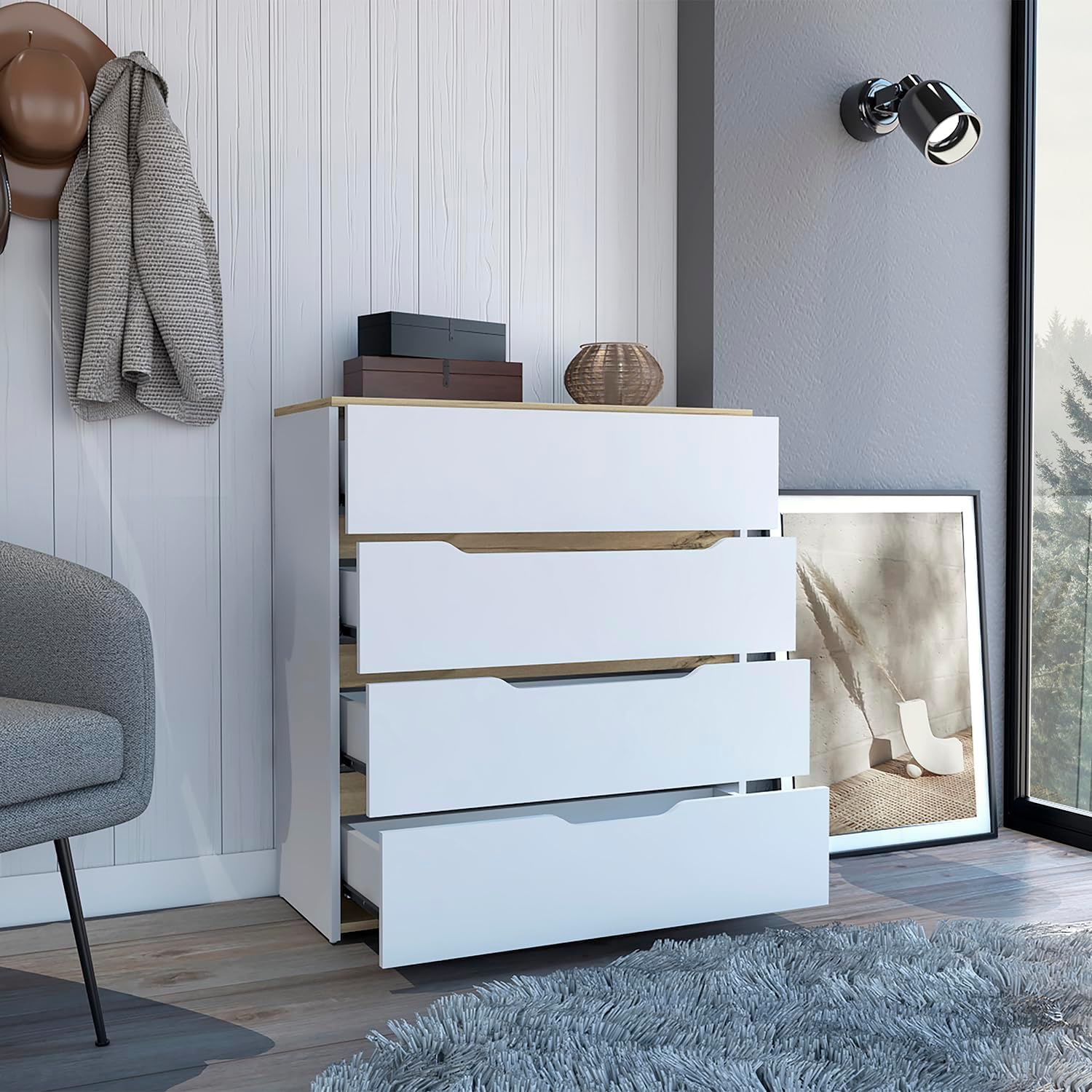 Cabinet Oboe, Superior Top, Four Drawers, White/Light Oak Finish