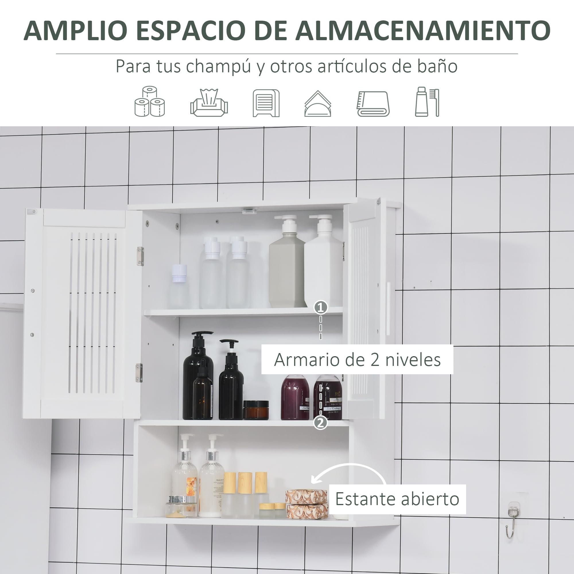 kleankin Armario de Pared para Baño Multiusos Mueble de Baño Suspendido Armario Colgante de Almacenamiento con 2 Puertas de Listones Estante Ajustable y Compartimento 60x20x70 cm Blanco