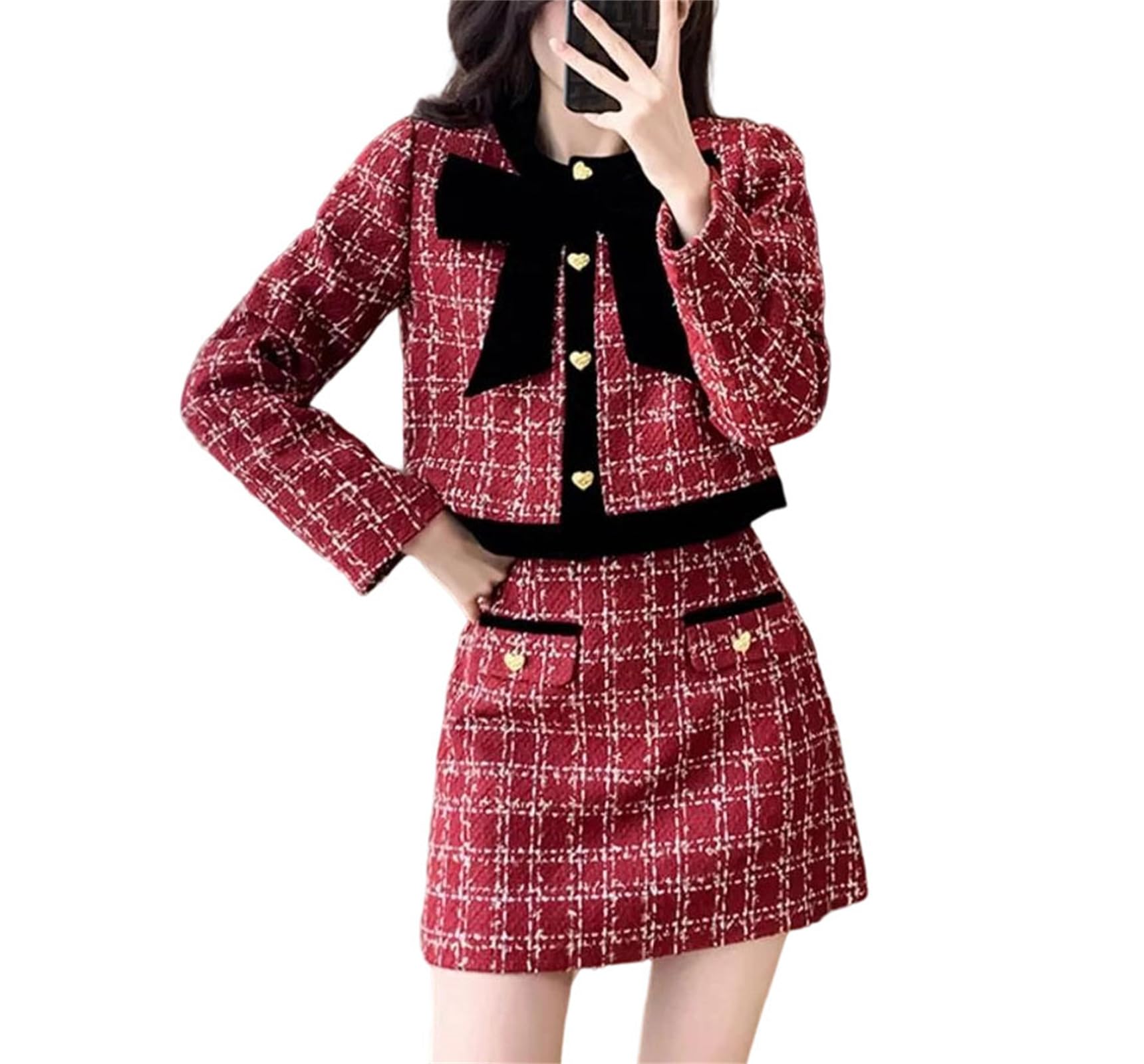 Womens Plaid Tweed Short Jacket and Skirt Two Piece Outfit French Vintage Style Elegant Business Suit for Work