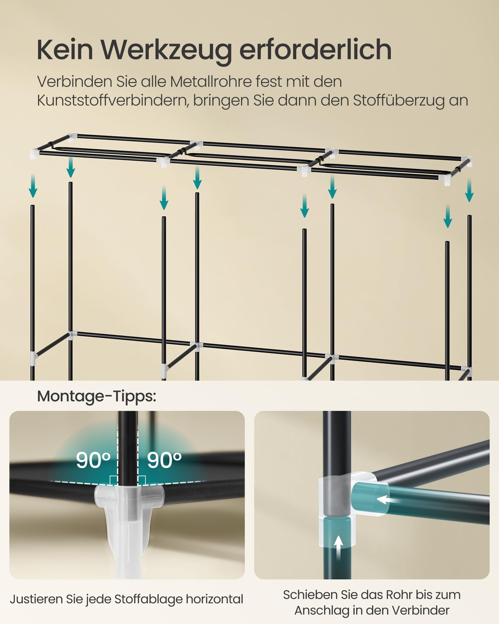 SONGMICS Stoffschrank, Kleiderschrank, 45 x 188 x 176 cm, 3 Hängefächer, mit Ablagen, 4 Seitentaschen, viel Platz, für Schlafzimmer, Wohnzimmer, schwarz RYG009B01