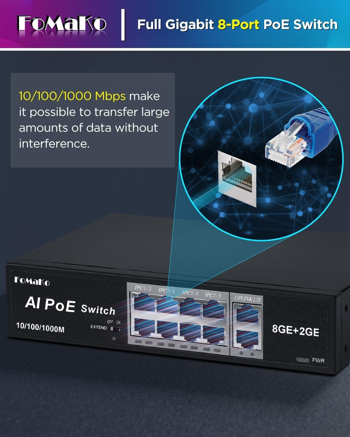 FoMaKo Switch PoE Full Gigabit, 8 Ports PoE+ @120W | Commutateur Ethernet Gigabit PoE 8 Ports | Plug & Play | Mode Extension | Récupération Automatique PoE | Fonctionnement (P1000)