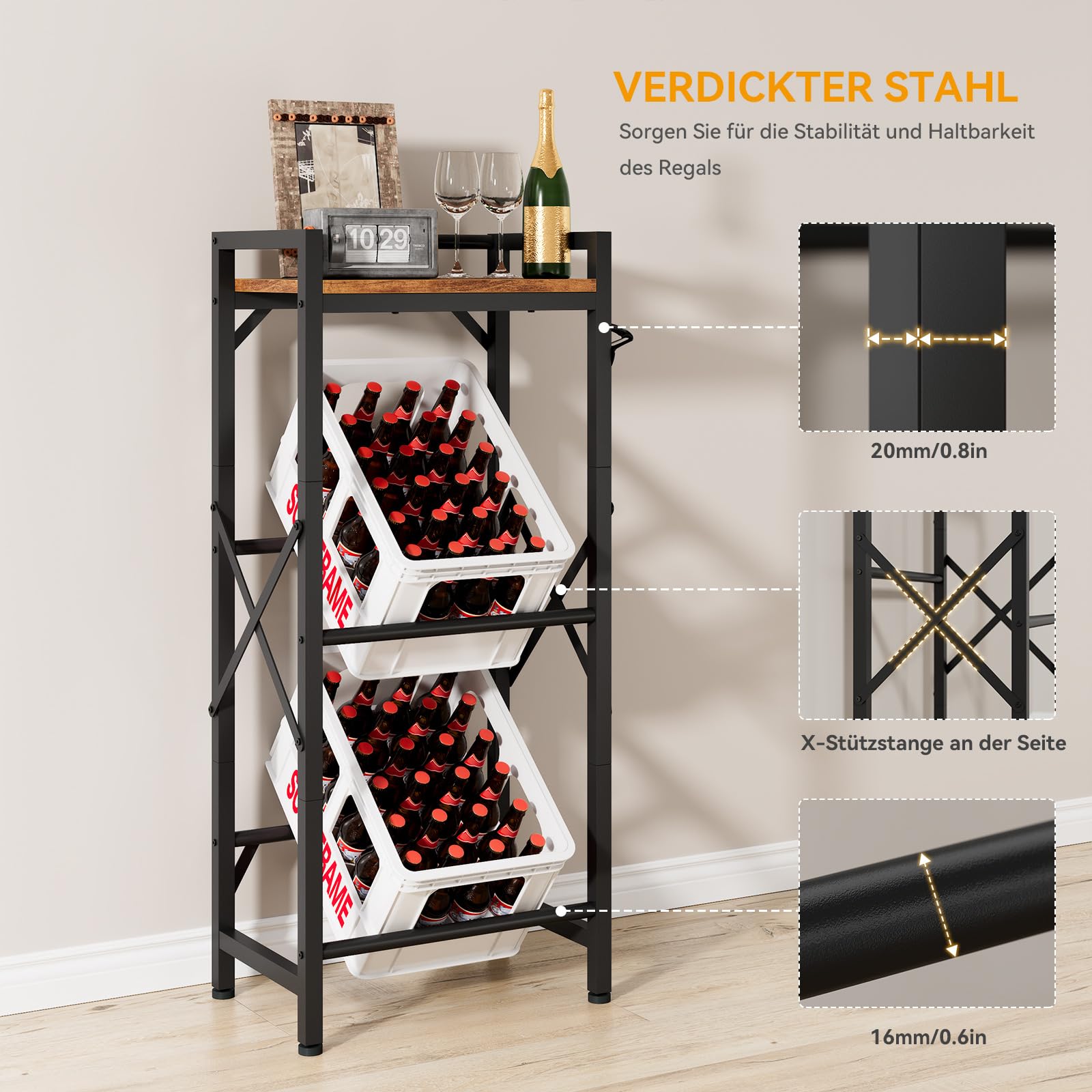 Aibiju Getränkekistenregal mit Ablage für 2 Kisten，32D x 47W x 116H cm Freistehend Kistenständer, Getränkeregal Wasserkistenregal, Bierkistenregal für Wohnzimmer, Küche, Weinkelle, YD-YLJ004H