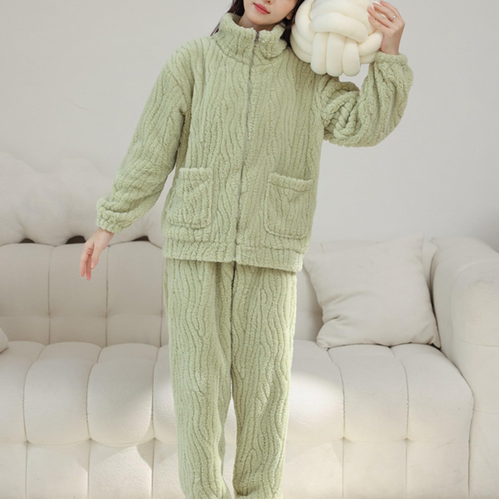 Generisch Pigiama da donna in peluche, morbido, caldo, in pile, per donne, carino, 2 pezzi, abbigliamento invernale, biancheria da notte, da jogging, tinta unita, caldo e spesso, completo con zip