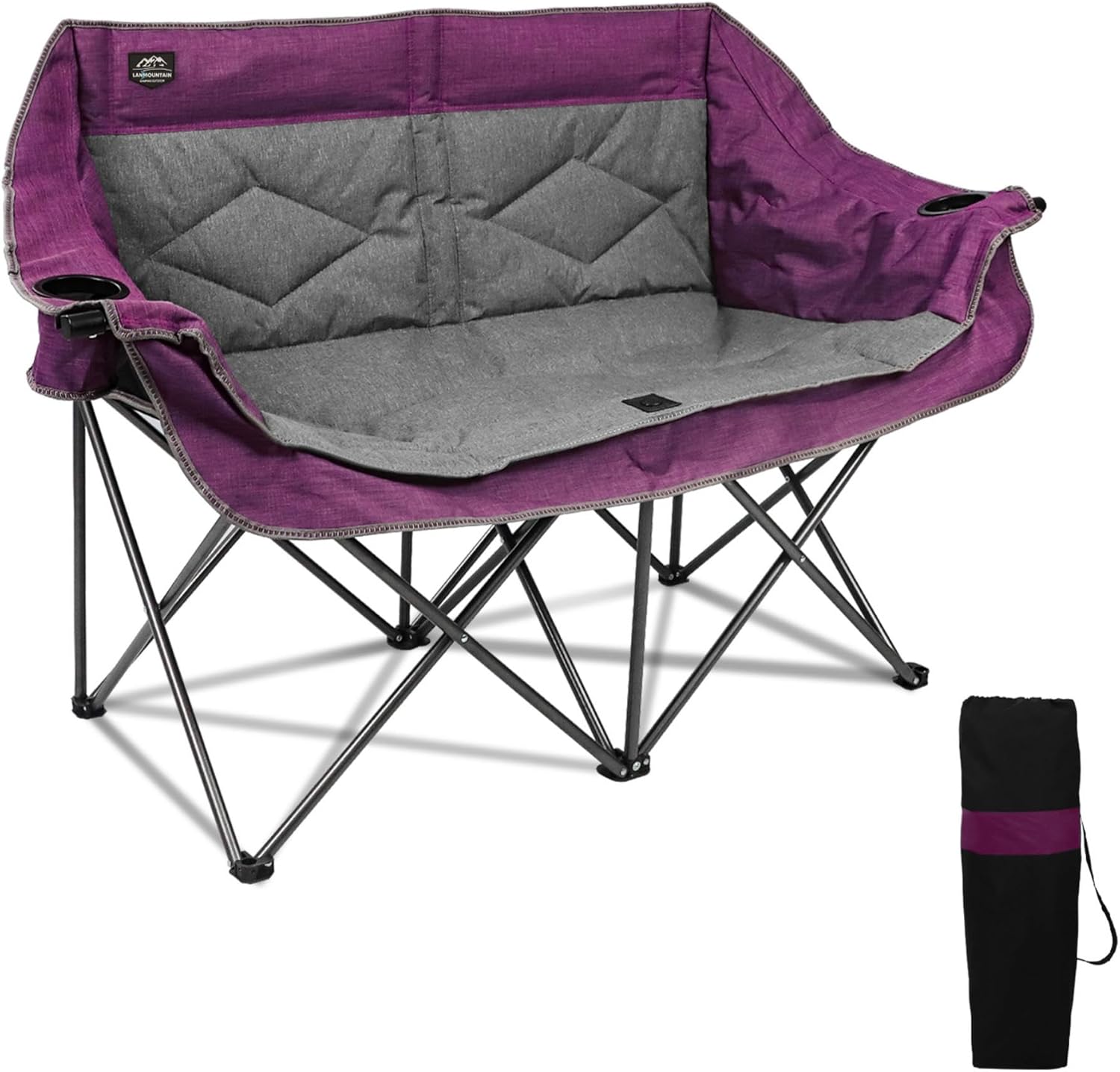 Folding Loveseat Camping Chair,Portable Double Chair w/Cup Holder,Wine Glass Holder,Carry Bag Heavy Duty Lawn Chair for 2 Adults,Perfect for Camp,Hiking,Picnics and Beach Trips,Purple Purple-loveseat