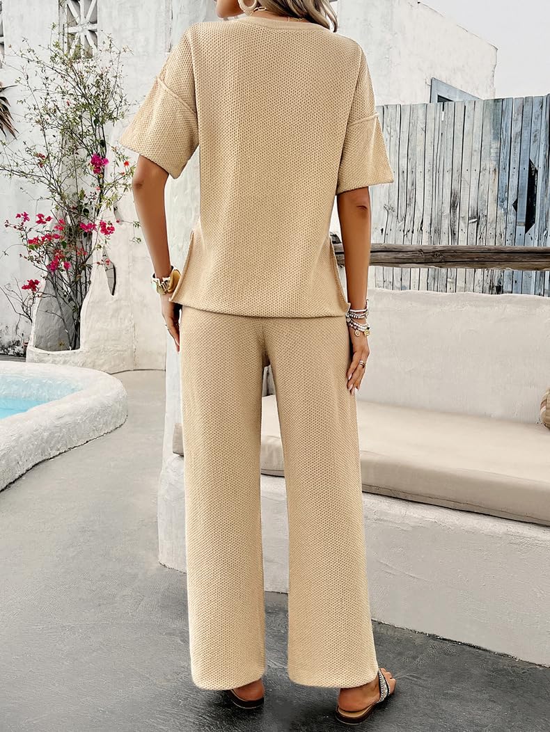 Conjunto Mujer,Conjuntos De Dos Piezas para Mujer, Pantalón Y Top, Cuello Redondo Gris, Botones, Manga Corta, Jersey De Punto, Camiseta, Cintura Elástica, Pantalones Anchos, Chándal Info