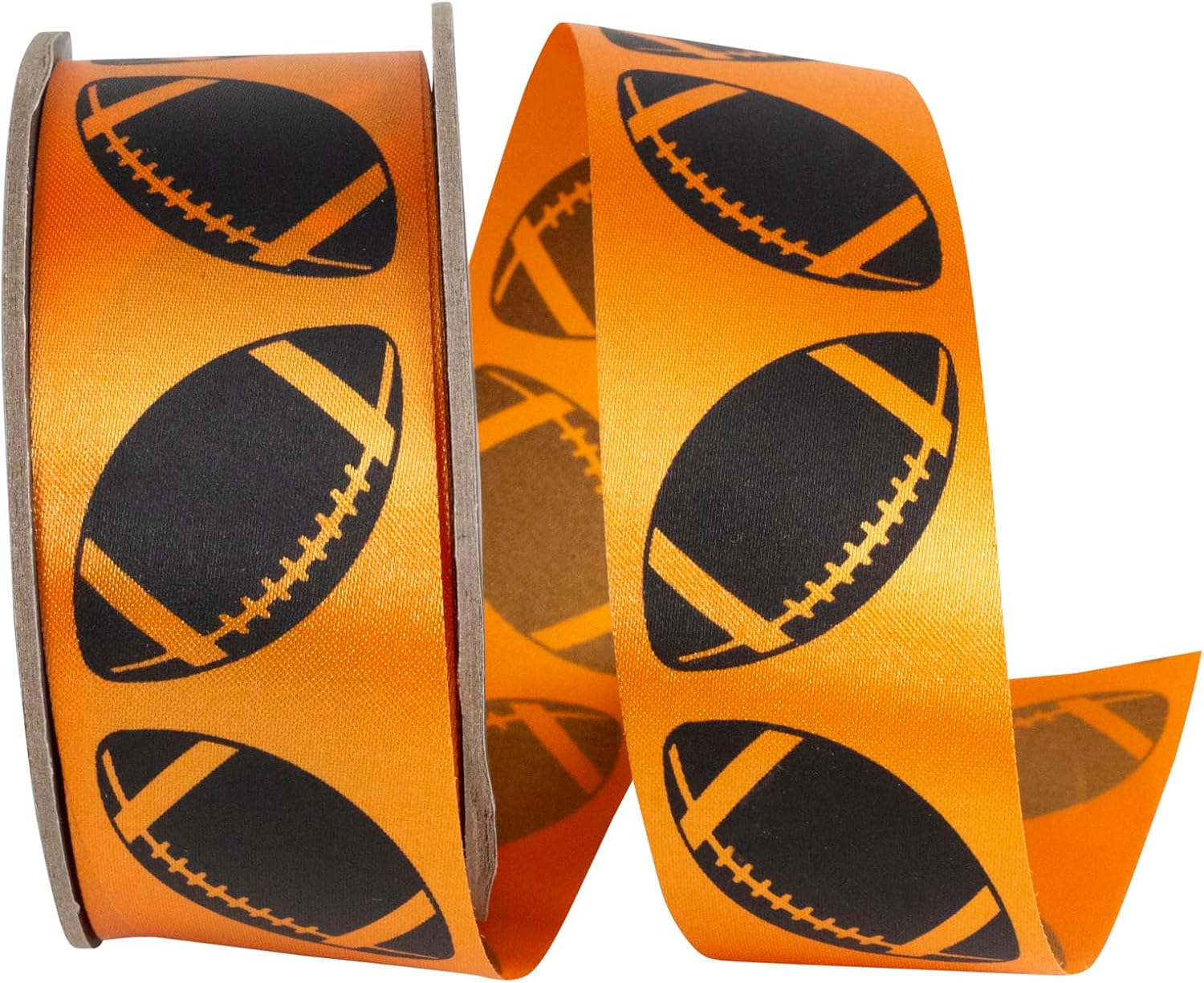 Reliant Ribbon Homecoming Matte Footballs Cooler Ribbon, Orange/Black, 1-3/8 Inch, 25 Yards