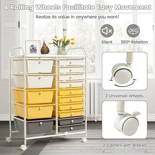 Vista 114 de LDAILY Carrito de almacenamiento con ruedas de 15 cajones, carrito rodante con cajones para aula, organizador de manualidades con ruedas con marco