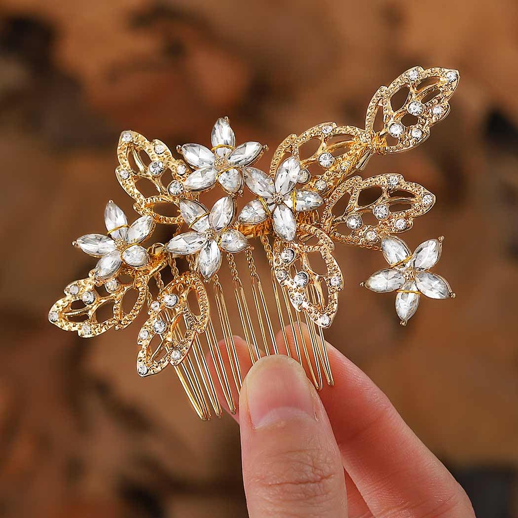 Bessney Gold Bridal Hair Comb Crystal Flower Hair Pieces Rhinestone Wedding Hair Accessories for Women