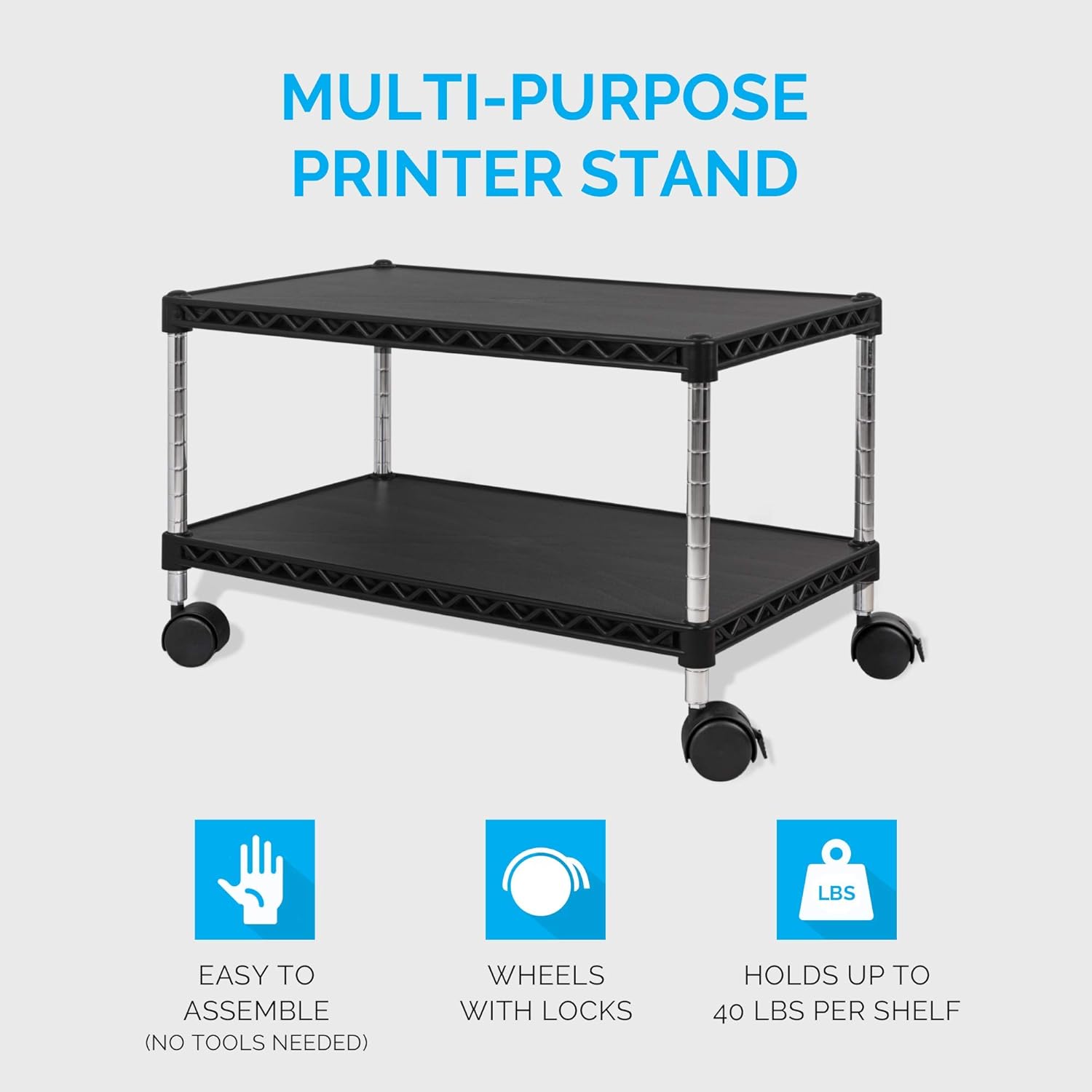 ZBRANDS Under Desk Printer Stand with Storage 24" X 14", Printer Cart, Small Printer Stand with Wheels, Small Printer Table for Home Office, Heavy Duty Low Rolling Cart, (Regular, Black)