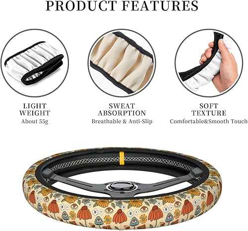 Miniatura 6 de Funda de volante vintage floral hippie de los 70, diseño de hongo retro, cubierta de volante de neopreno antideslizante para mujeres, hombres y