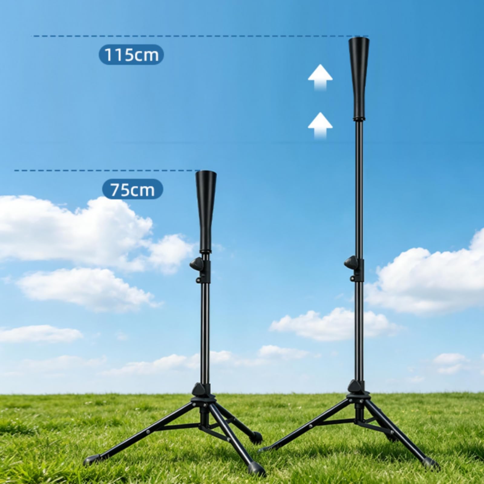 Baseball Trainingsständer Schlagtee Ballständer Schlaghilfe Trainingsgerät mit Stabilem Dreifuß Und Antirutsch-füßen Verstellbare Höhe Tragbar mit, Schwarz, Erwachsenenmodell Ausziehbar 115cm