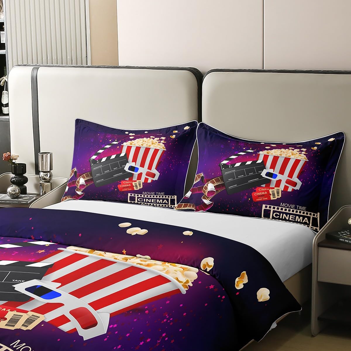 Loussiesd Bioscoop Decor Dekbedovertrek 100% Katoen Dubbele Filmnacht Beddengoed Set 100% Katoen Bioscoop Paars Dekbed Cover Set Ultra Zachte Decor Oude Mode Home Theater Sprei Ritssluiting